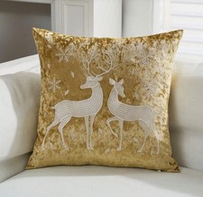 Christmas Pillow Cover CRUSHED VELVET EMBROIDERED DEER Luxurious Holiday 18 x 18