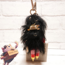 PRADA Robot Keychain Bag Charm Metal Clip Sheep Black Fur 5.9in Authentic
