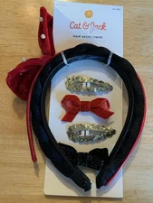 Cat & Jack Girls' Two Headbands & Four Clip Set Red/Black/gold Hair Accessories