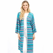 Blue Turquoise Striped Kimono Cardigan Boho Duster Open Front Lightweight Beach