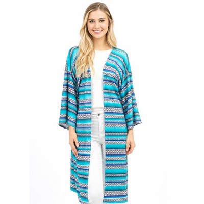 Blue Turquoise Striped Kimono Cardigan Boho Duster Open Front Lightweight Beach
