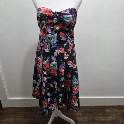 #ad Express Silk Strapless Dress Women’s 8 Black Vibrant Floral Pleated Skirt $18.99