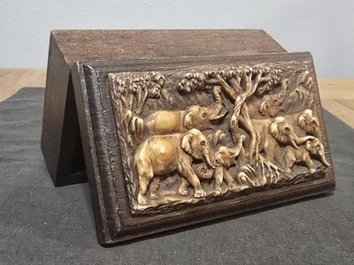Vtg Wooden Trinket Box W/ Relief Elephant Carving 6x3.5