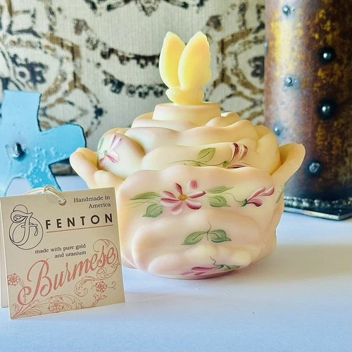 Fenton Uranium Burmese Rose Butterfly Lidded Candy Trinket Dish Tags Signed Mint