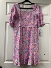 Lulu B L Pink Flamingo Gathered Top Puff Sleeve Dress With Ruffle Hem Upf50