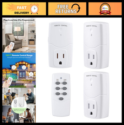 Mini Wireless Remote Control Outlet Switch - 3 Outlets + 1 Remote, 1250W, Smart