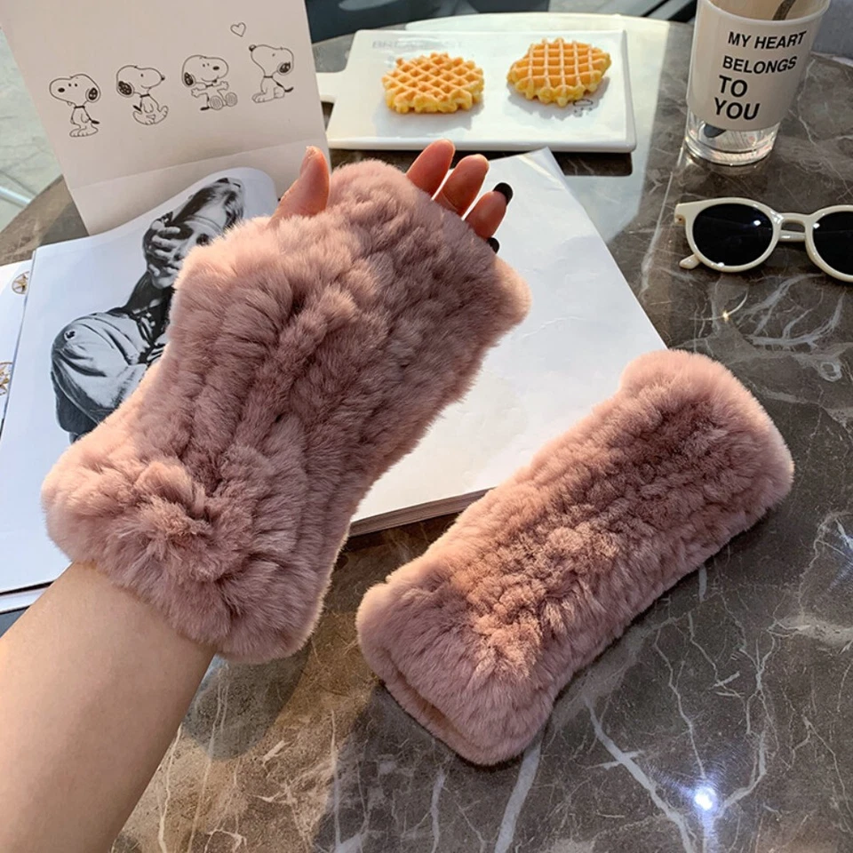 Women's Real Rabbit Fur Gloves Knitted Stretch Fingerless Warm Mitten Gloves - Image 3 of 4
