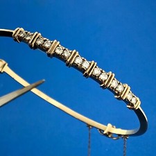 Vintage 14k Yellow Gold Round Cut Diamond Hinged Cuff w/Safety Chain Bracelet