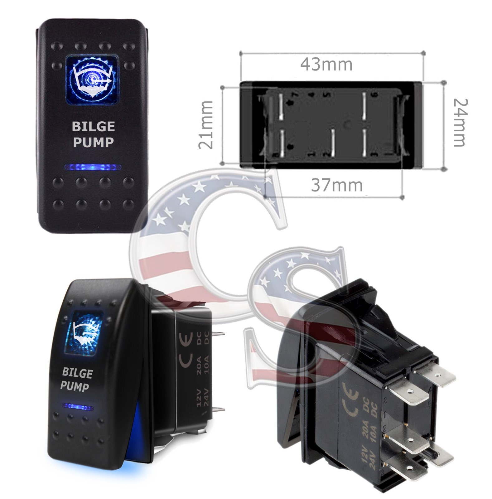 Blue Light LED Bilge 12V 20A 10A 5pin Waterproof Rocker Toggle Switch