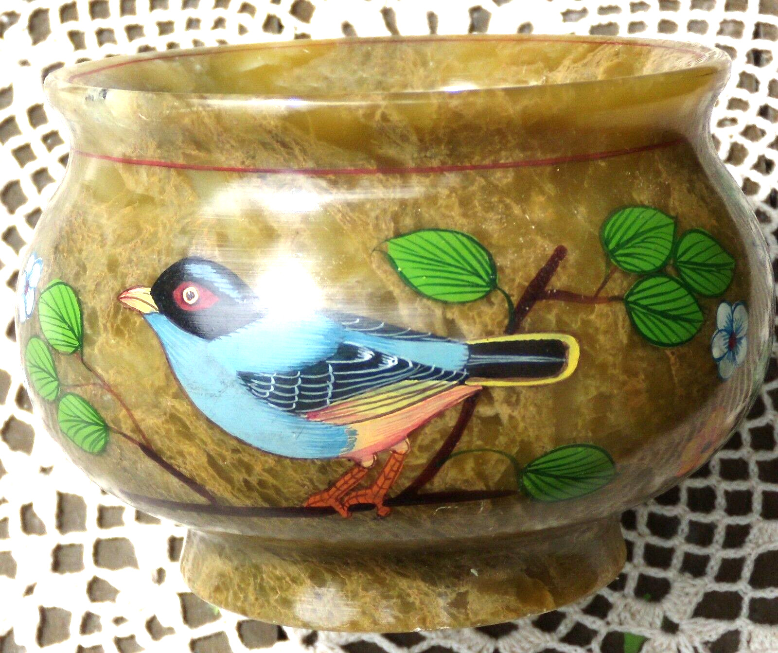 Récipient vide-poche vase stéatite gris 15cm motif oiseaux