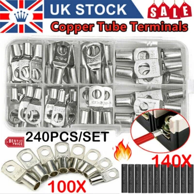 TOP5A-UK 240Pcs Copper Tube Terminals Kit Battery Welding Cable Lug Ring Crimp Connectors