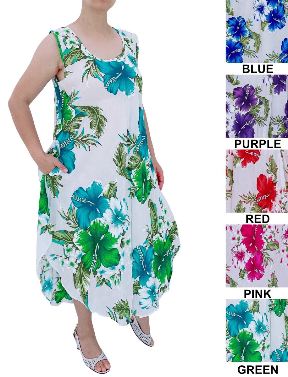 NEW! Women's Hawaiian Loose Floral Summer Dress 1 Pocket | White | One Size  M-XL | eBay