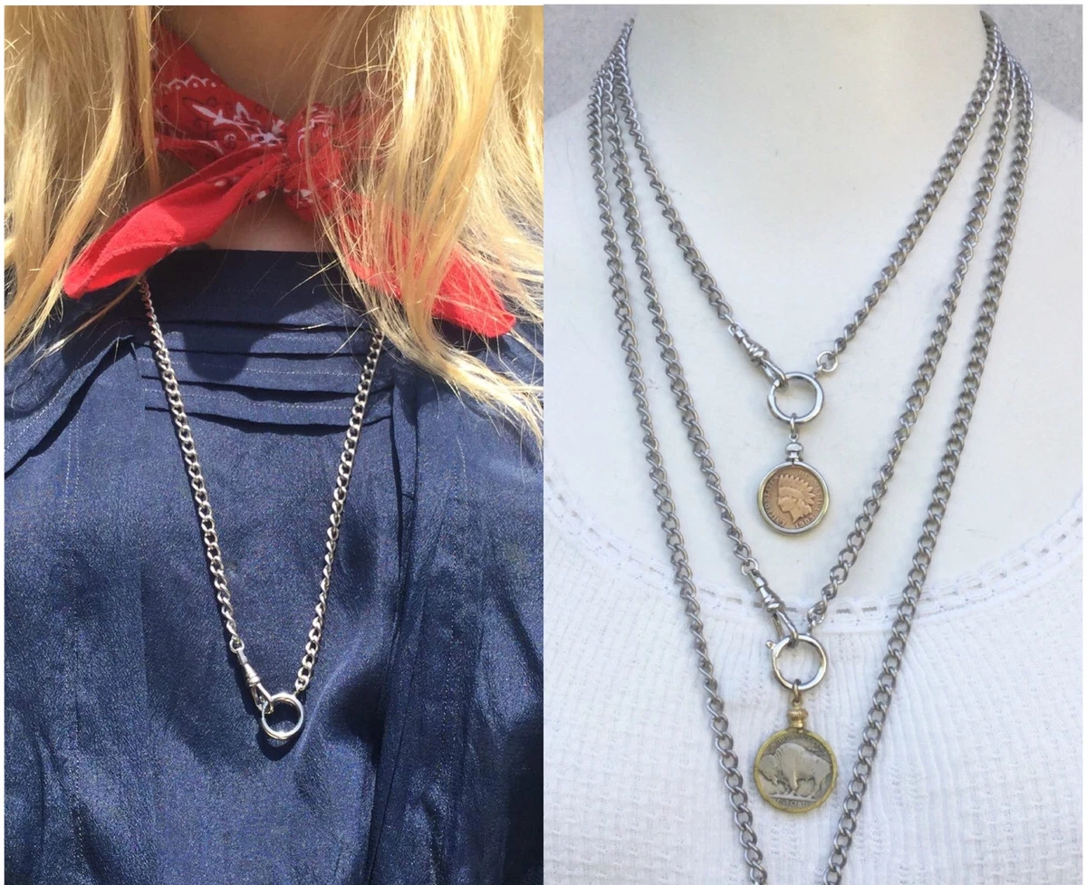 Pocket Watch Chain Necklace. Charm Holder Necklace. Silver tone. Choose  Length.