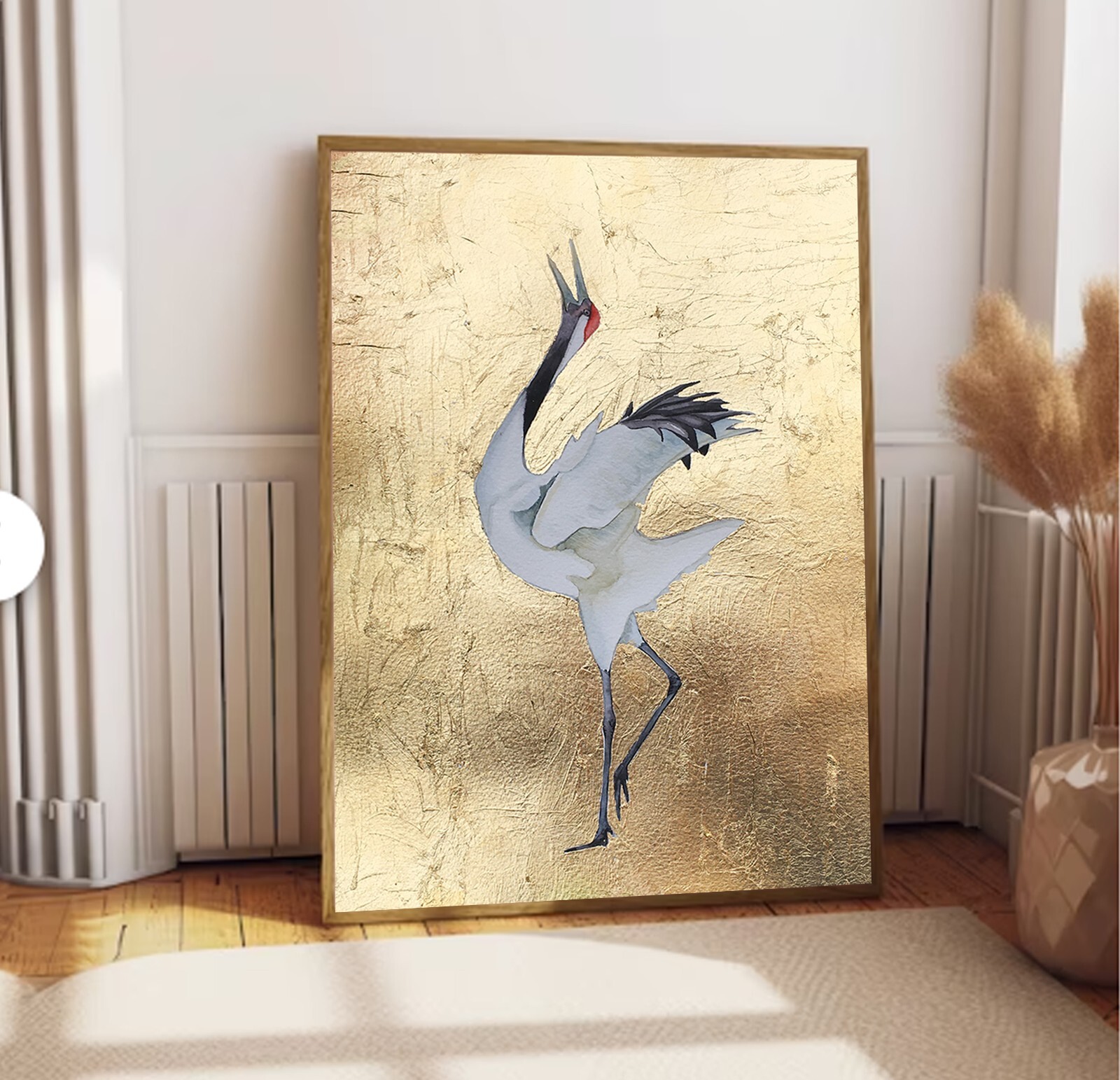 japanese crane painting, gold leaf painting, large japanese watercolor painting