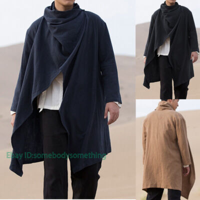 Mens Cotton Linen Long Cardigan Windbreaker Vintage Cloak Cape Coats Jacket Tops