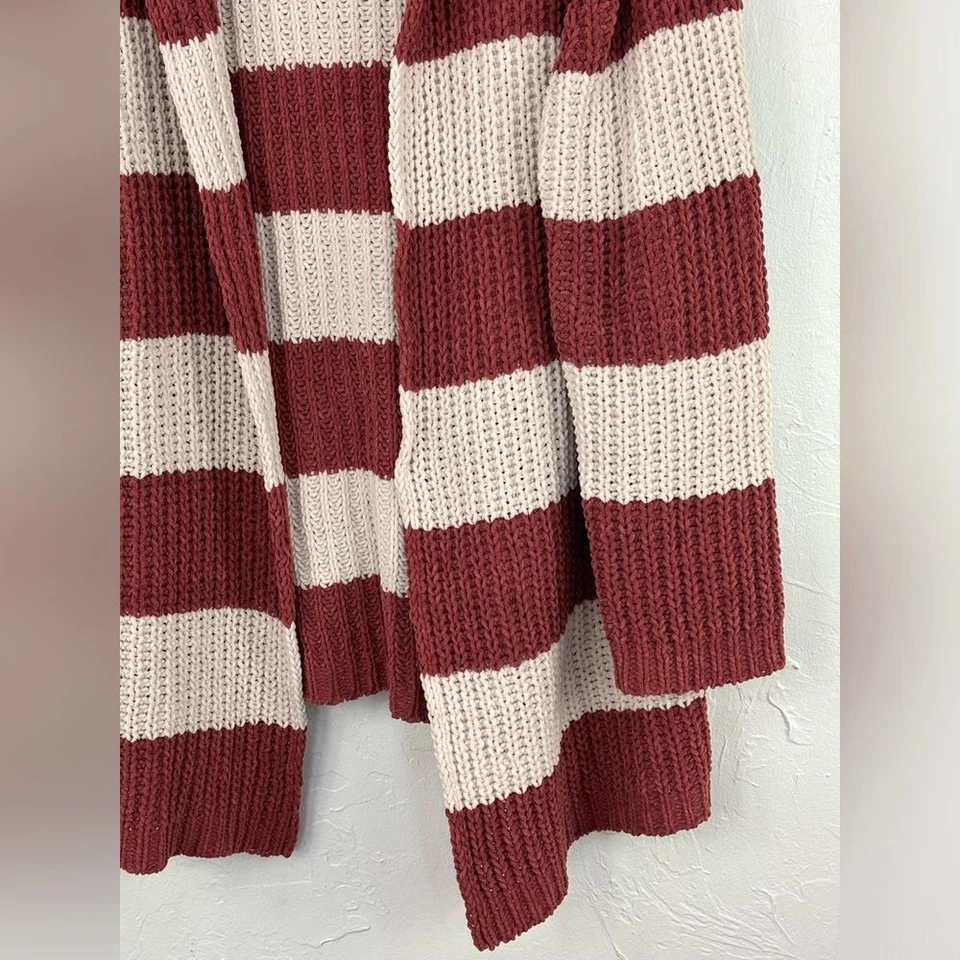 POL Anthropologie Striped Cardigan Sweater Chunky Red Long Hood Jacket Large - Image 2 of 4