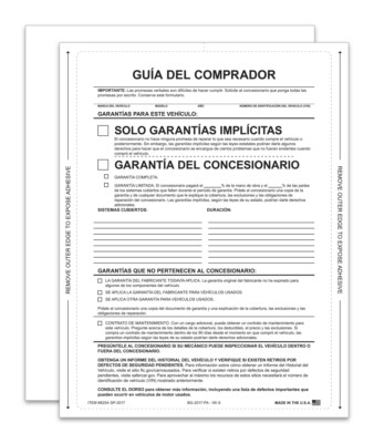 1 PART SELF ADHESIVE BUYERS GUIDE PACK OF 100 FORM IMPLIED WARRANTY SPANISH