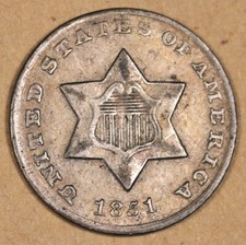 1851-o Three Cent Silver.  Natural Uncleaned.  AU.  196393