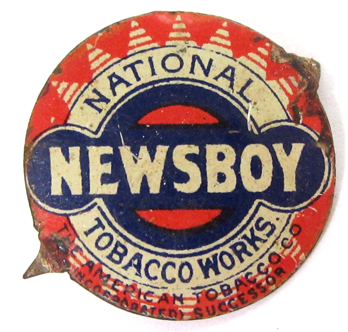 national tobacco c. 1910 NEWSBOY NATIONAL TOBACCO WORKS tin cut plug tobacco tag ^