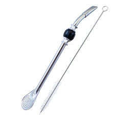 Bombilla Mate Silber Grande Cebador Edelstahl Verdrehte Kühlstein Schwarz 22 cm