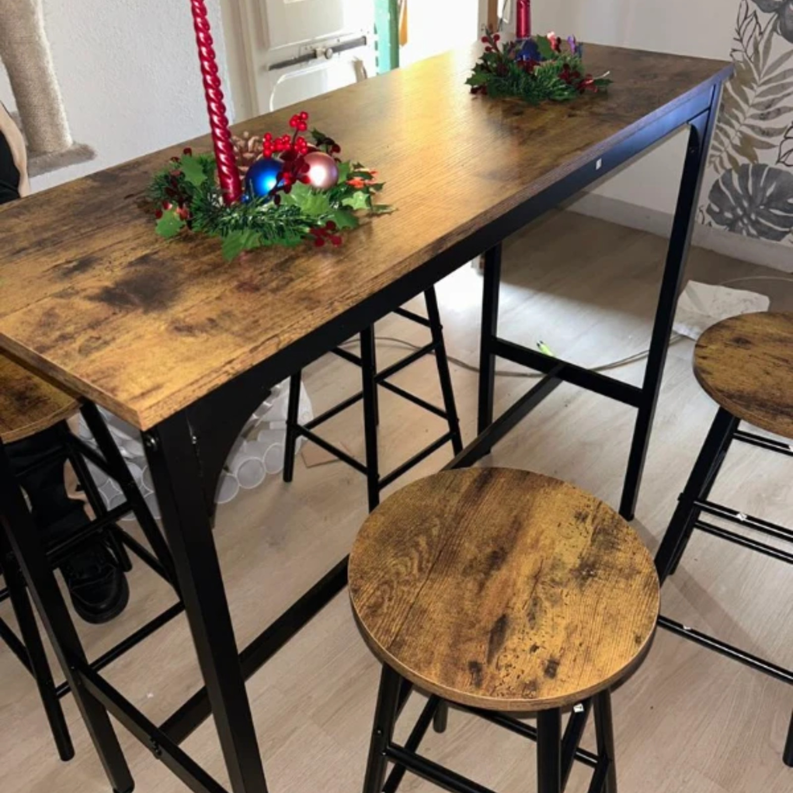 AONELAS Giantex 5-Piece Dining Table Set W/Counter Height Table & 4 Bar Stools, Industrial Kitchen Dining Table Set W/Footrest & Backrest, Space-Saving Dinette Set for Pub, Dining Room, Restaurant 8 Tall Industrial Kitchen Bar Table Stool Set 5 Piece Dining Metal Frame 4 Chairs