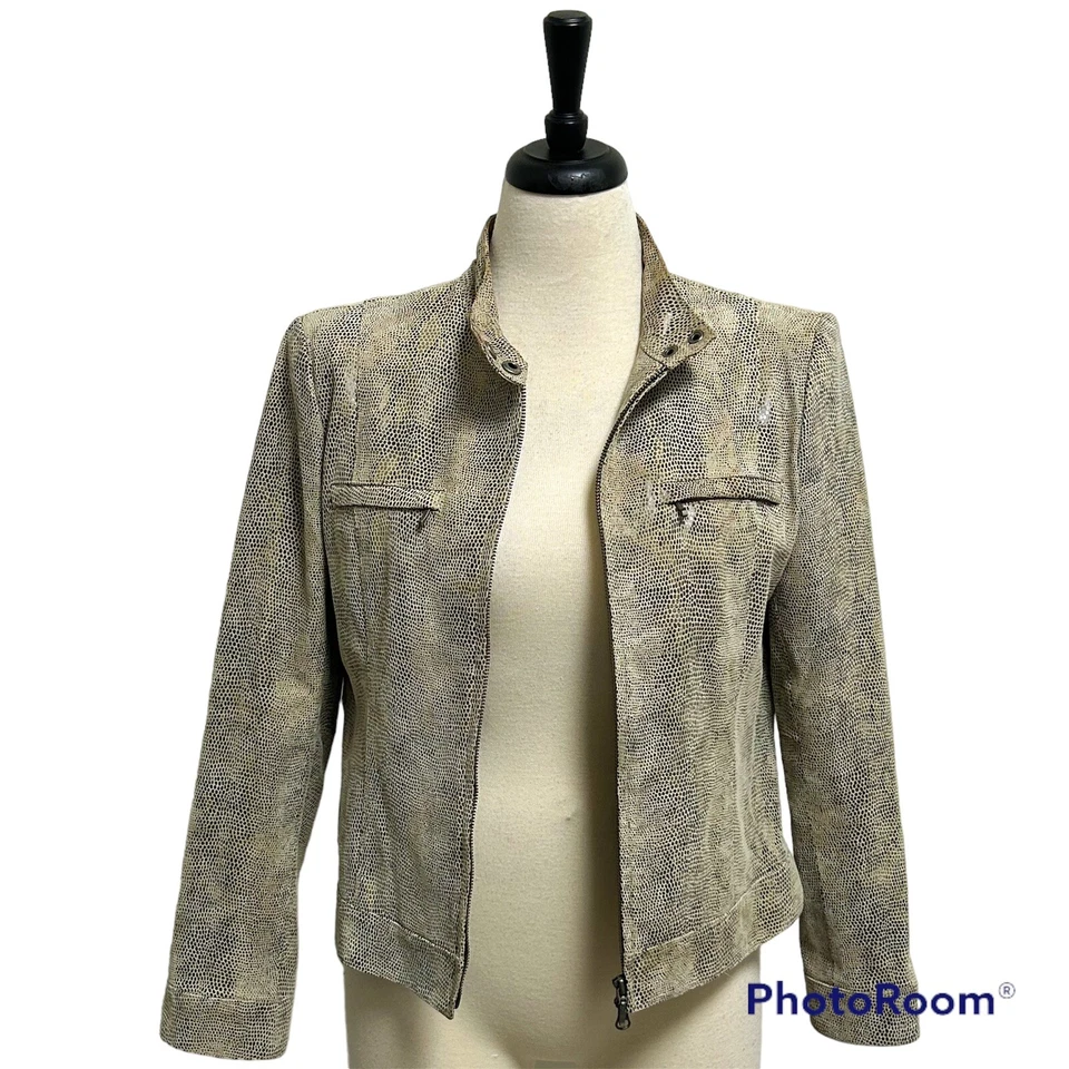 Chaqueta de Cuero Alfani Beige Marrón Gris Gamuza Cuero Patrón Serpiente Cremallera Mediana Foto 2 de 4