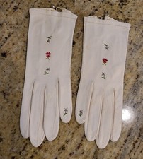 Vintage Size XS-S White Leather Formal 7.5" Gloves Embroidered Flower Pink Blue