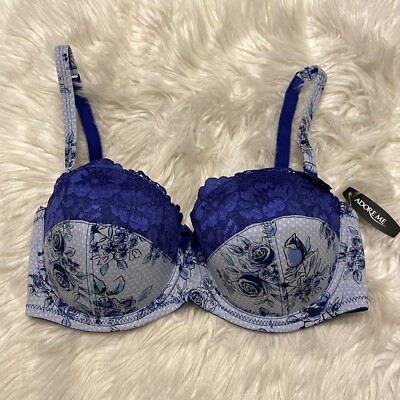 Adore Me 32DD Bra Blue Floral Print Balconette Underwire Back Closure NEW