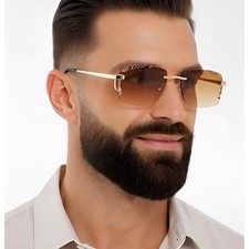 Brown Lens Fashion Glasses Gafas New Men Vintage Rimless Sunglasses Gold Frame