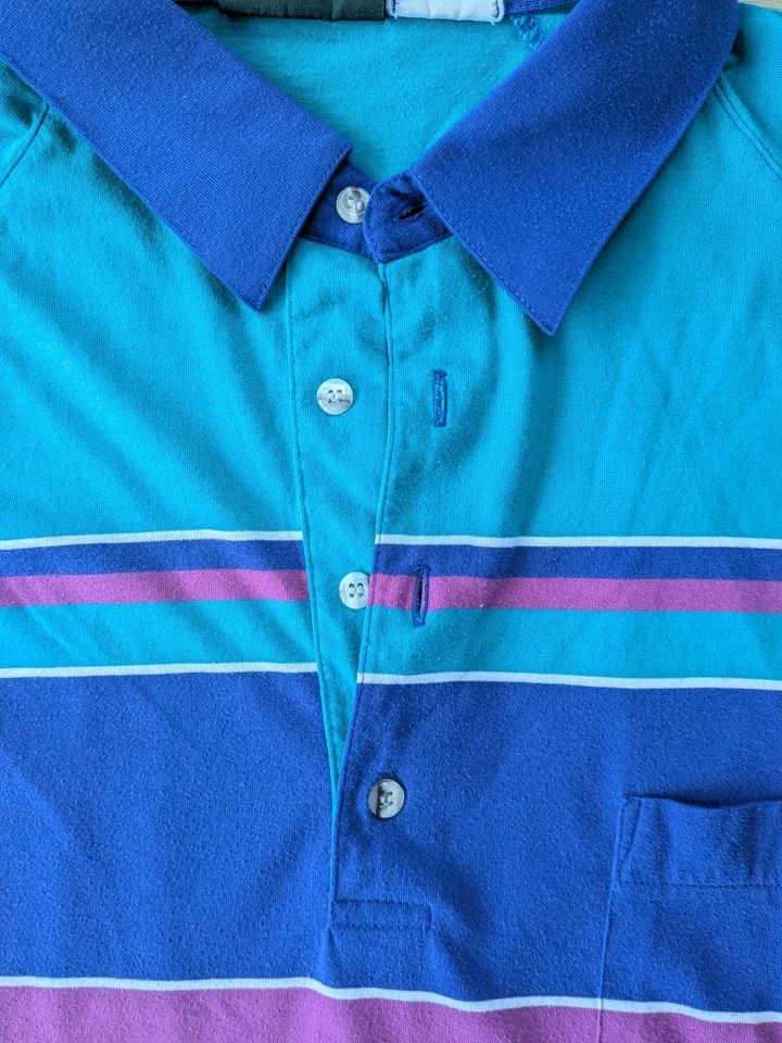 Vintage Jantzen Soft Touch 1980's Teal and Pink polo style shirt, men's large - Image 4 of 4