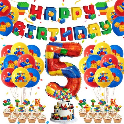 Geburtstagsdeko Junge Baustein Set Party Deko Banner Luftballons 5 Jahre 32 Zoll