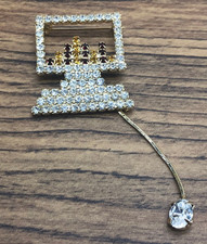 Vintage Desktop Computer with Dangling Mouse Rhinestone Goldtone Pin Brooch