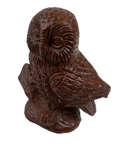 Red Mill Mfg Carved Owl on Log Figurine Pecan Shell Resin 3 5/8" Handcrafted USA