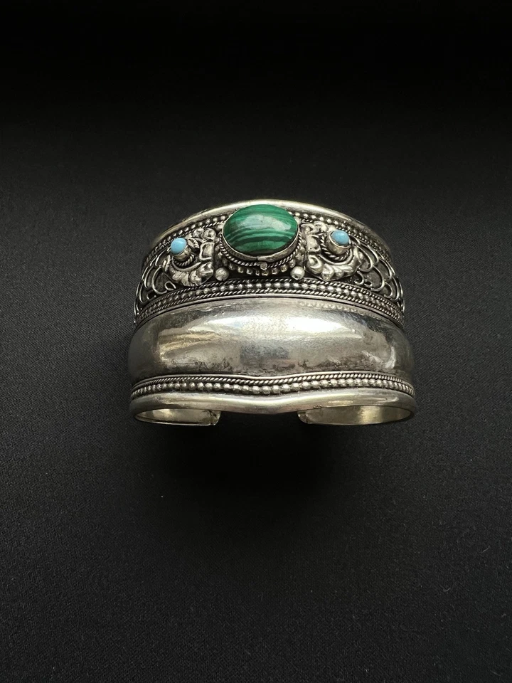 Pulsera de piedra malaquita vintage brazalete nepalí hermosa filigrana WMB035 Foto 2 de 4