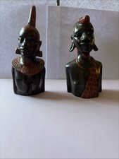 Vintage Wooden African Head Art Statue Bust Hand Carved Woman Man Carving Pair