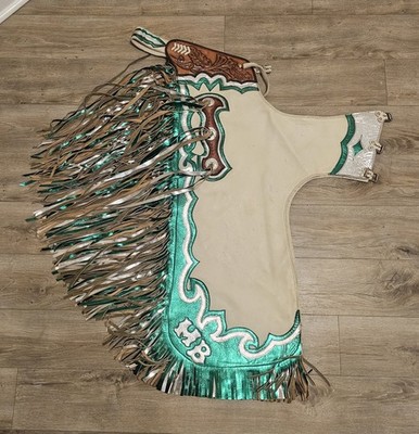 Hilason Pro Rodeo Bull Riding Chaps in white leather with green and silver...