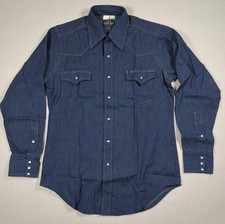 VTG 70s Sears Roebuck Denim Western Shirt Mens M 15-15.5 Dark Blue Pearl Snap