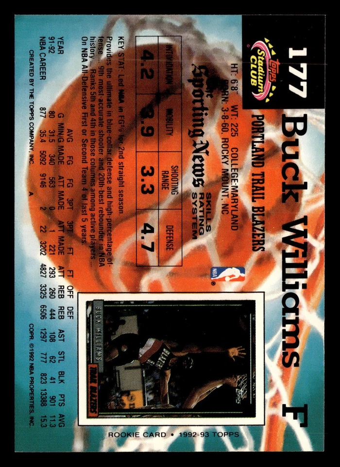 Buck Williams 1992-93 Stadium Club #177 Trail Blazers FREE SHIPPING *092 - Image 2 of 2