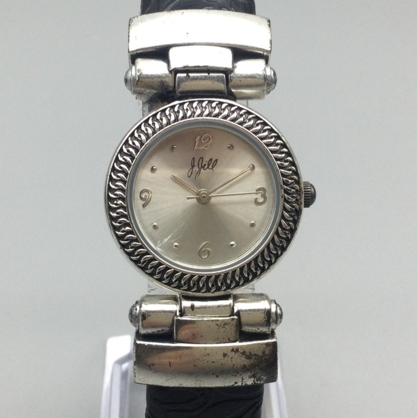 Vintage J Jill Watch Womens 26mm Silver Tone Black Leather Open