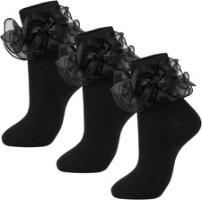 Women  s Ruffle Socks with Bows Double Lace Turn Cuff 3 Pairs Size 9-11
