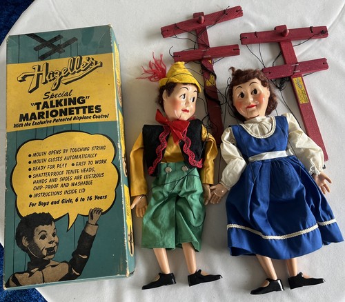 Vtg Hazelle's Talking Marionette Pinocchio #312 & Girl Blue Dress Set in Box 50s