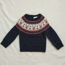 JoJo Maman Bebe Sweater Baby Girl 3-6M Blue Reindeer Fairly Isle Lambswool Blend