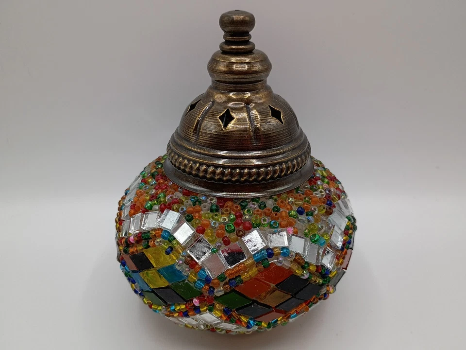 Pantalla de lámpara de mosaico estilo turco de colección - globo de vidrio multicolor, iluminación boho Foto 3 de 4