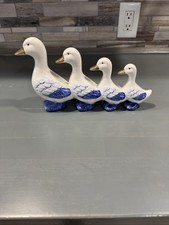Ceramic Family of 4 Ducks In A Row Geese Figurine Vintage Blue  White