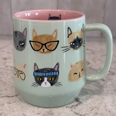 Cat Mug Kitty Feline Whimsy Faces Mint Pink Illustration Danica Jubilee NEW