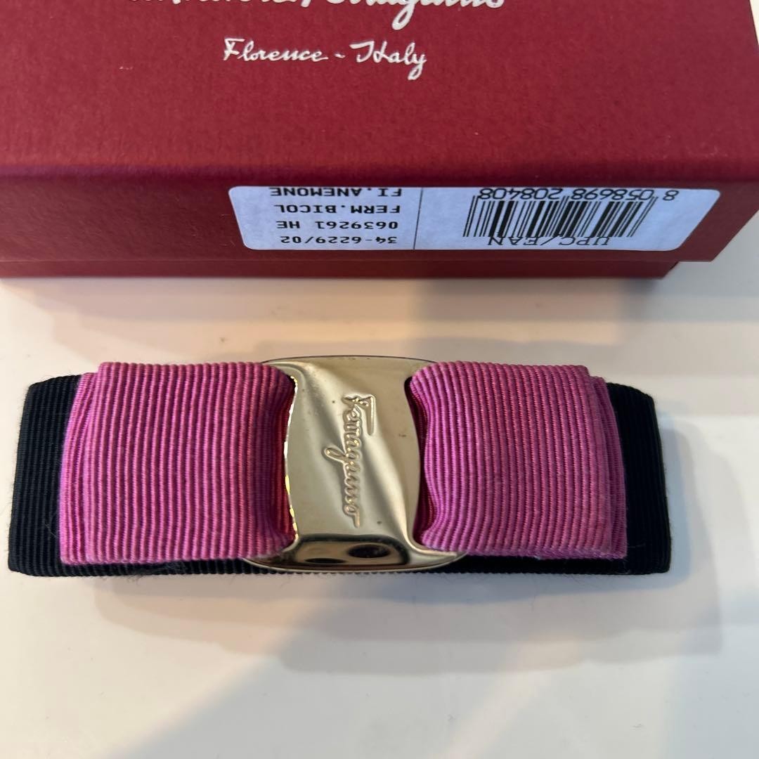 Salvatore Ferragamo Hair Barrette Pink/Black Ribbon Gold Hardware