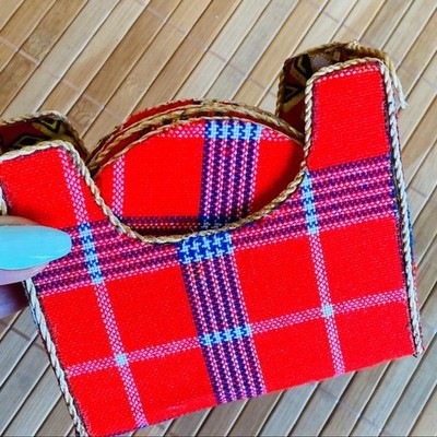 Vintage Handmade Plaid & Caning 5 pc + Holder Coasters Set