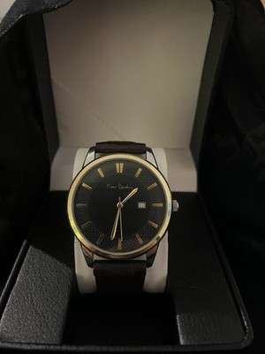 Pierre Cardin Designer-Herrenuhr Bicolor Schwarz/Gold - Lederarmband 44mm