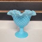 Vintage Fenton Blue Hobnail Pedestal Compote/Ruffled Edge