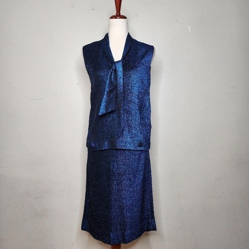 Vintage 60's Beeline Fashions Metallic Blue Sleeveless Top and Skirt Set